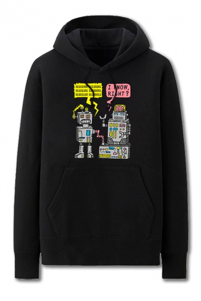 Mens Fashionable Robot Letter I Know Right Pattern Cuffed Kangaroo Pocket Drawstring Long Sleeve Regular Fitted Graphic Hoodie