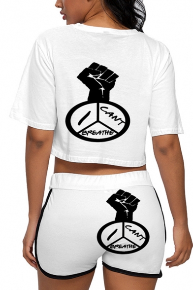 Popular Letter Cartoon Fish Graphic Short Sleeve Round Neck Loose Crop Tee & Contrasted Relaxed Shorts Set in White
