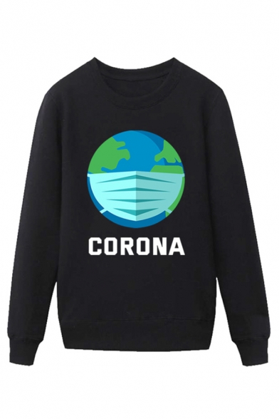 Popular Mens Earth Mask Pattern Letter Corona Pullover Long Sleeve Round Neck Regular Fitted Graphic Sweatshirt