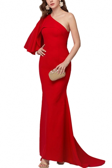 Popular Red One Shoulder Ruffled Patched Maxi Sheath Flowy Dinner Dress for Women