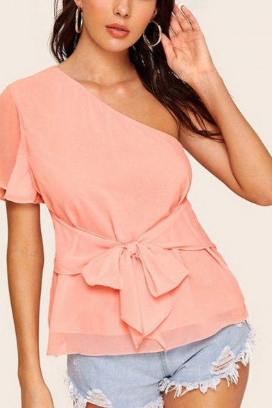Popular Womens Chiffon Single Sleeve Oblique Shoulder Bow Tied Front Regular Fit Blouse in Pink