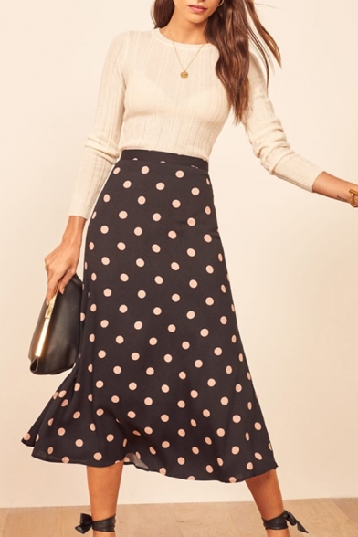 Popular Womens Polka Dot Print High Rise Mid A-line Skirt in Black