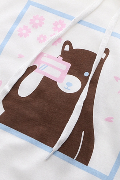 Preppy Girls Japanese Letter Bear Printed Drawstring Contrasted Loose Fit Hoodie