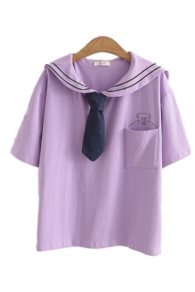 Preppy Girls Pocket Bear Printed Short Sleeve Striped Sailor Collar Tie Front Relaxed Tee Top