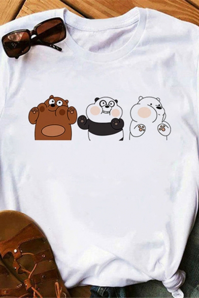 Simple Girls Cartoon Bear Print Rolled Short Sleeve Crew Neck Slim Fit T Shirt in White