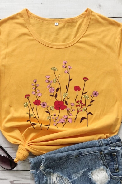 Simple Womens Floral Printed Short Sleeve Crew Neck Fit T Shirt