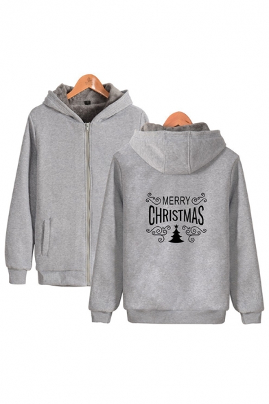 Stylish Boys Letter Merry Christmas Tree Graphic Long Sleeve Zipper Front Sherpa Liner Loose Hoodie