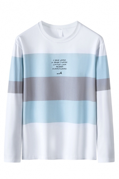 Stylish Colorblock Letter a Drip Here Drop There Printed Long Sleeve Round Neck Regular Fit Tee Top for Men