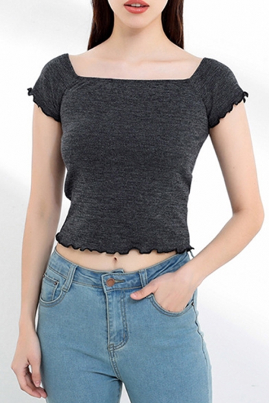 Stylish Knitted Stringy Selvedge Short Sleeve Square Neck Slim Fit Plain Cropped Tee