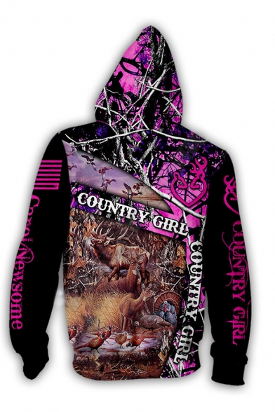 Stylish Mens Letter Country Girl 3D Cartoon Graphic Drawstring Long Sleeve Zipper Front Relaxed Hoodie