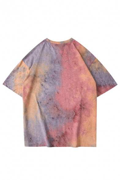 Stylish Mens Tie Dye Letter of Life Printed Short Sleeve Round Neck Loose Fitted T-Shirt