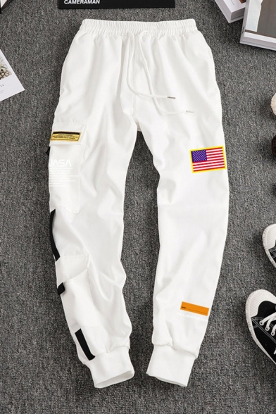 Stylish Mens USA Flag Letter Printed Applique Pocket Drawstring Cuffed Mid Rise 7/8 Length Regular Fitted Jogger Pants