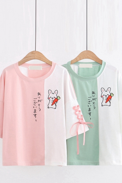 Stylish Womens Japanese Letter Rabbit Graphic Colorblock Lace-up 3/4 Sleeve Round Neck Relaxed T-shirt