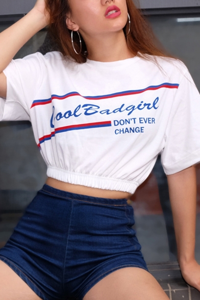 Stylish Womens Letter Cool Bad Girl Print Striped Short Sleeve Crew Neck Elastic Hem Relaxed Cropped T-shirt in White