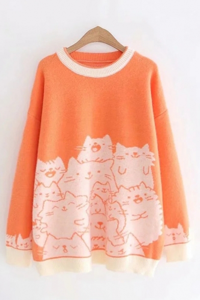 

Trendy Cartoon Cat Printed Contrasted Long Sleeve Round Neck Long Loose Fit Knitted Sweater, Blue;orange, LC651064