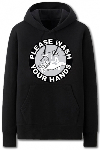 Trendy Hand Letter Please Wash Your Hand Printed Pocket Drawstring Long Sleeve Regular Fit Graphic Hooded Sweatshirt for Men