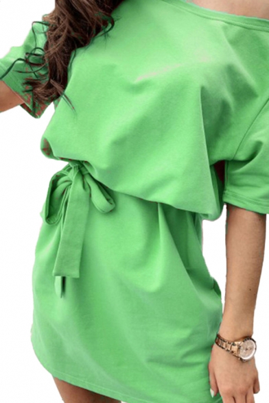 Trendy Womens Solid Color Short Sleeve Cold Shoulder Halter Bow Tie Waist Short A-line Dress