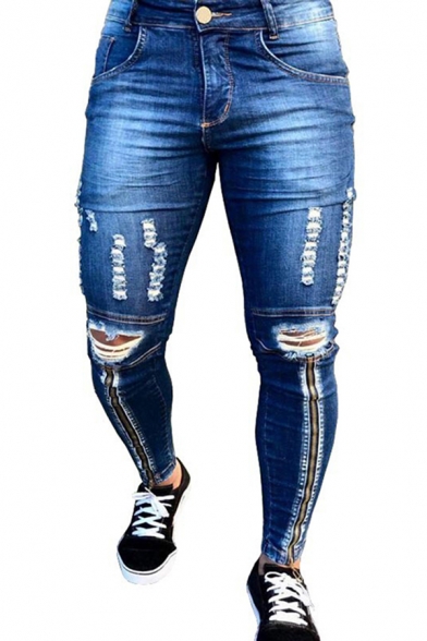 Unique Mens Jeans Distressed Zipper Button Detail Pockets Cuffed Medium Wash Full Length Skinny Fit Jeans