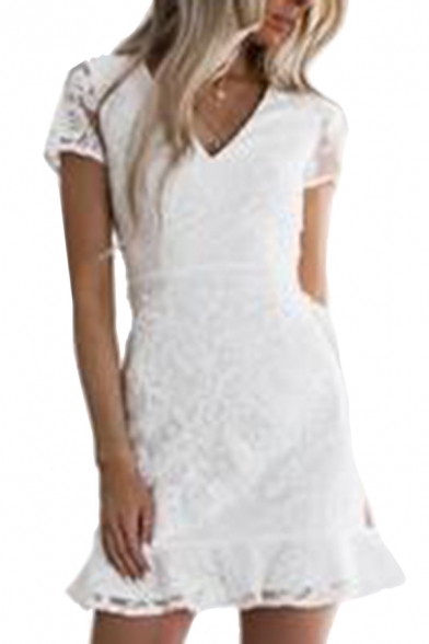 Allover Flower Embroidered See-through Mesh Short Sleeve V-neck Ruffled Trim Bow Tie Waist Boutique Short A-line Dress in White