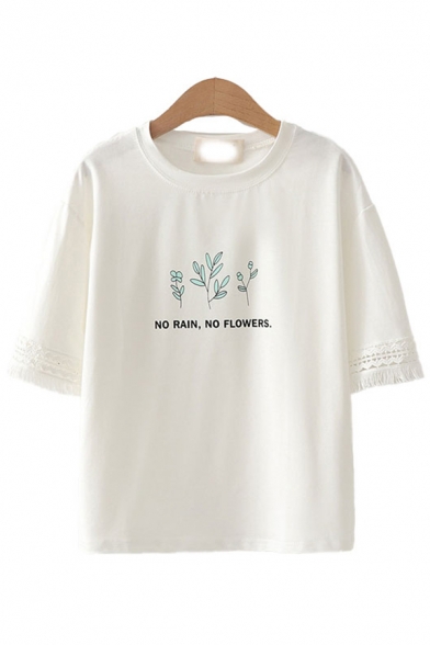Basic Womens Letter No Rain No Flowers Graphic Short Sleeve Crew Neck Relaxed Fit Tee Top