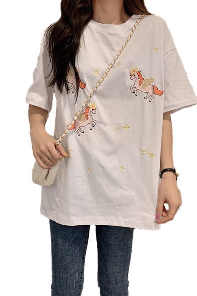 Cartoon Flying Horse Embroidery Short Sleeve Crew Neck Relaxed Fit Korean Style Tee for Girls