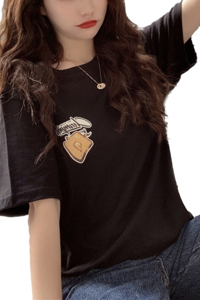 Casual Cartoon Graphic Short Sleeve Crew Neck Loose Fit T Shirt for Women