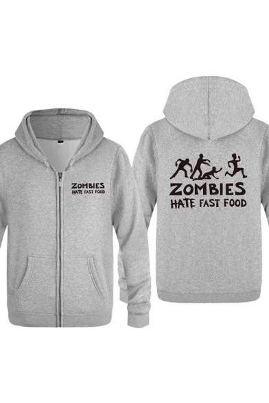 Casual Character Letter Zombies Hate Fast Food Printed Zipper up Pocket Drawstring Long Sleeve Regular Fitted Graphic Hoodie for Men
