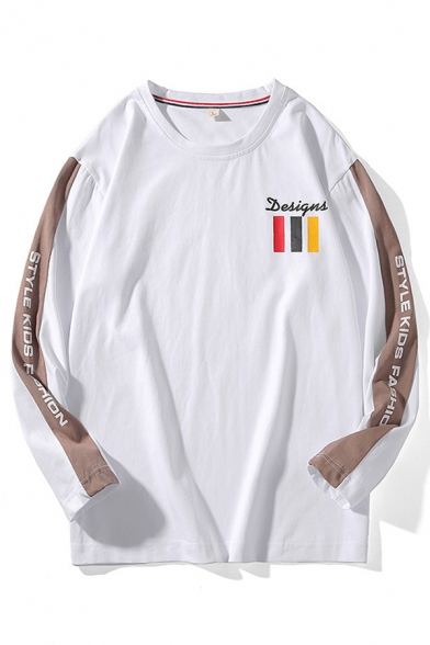 Casual Letter Designs Striped Print Tape Panel Long Sleeve Crew Neck Relaxed Fit T Shirt