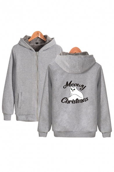 Casual Letter Meowy Christmas Cartoon Cat Graphic Long Sleeve Zip up Sherpa Lined Relaxed Fit Hoodie for Guys