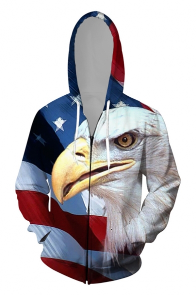 Chic Mens 3D USA Flag Eagle Pattern Zipper up Pocket Drawstring Long Sleeve Regular Fitted Hooded Sweatshirt