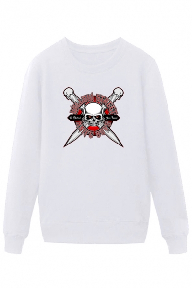 Chic Mens Skull Sword Letter Printed Pullover Long Sleeve Round Neck Regular Fit Graphic Sweatshirt