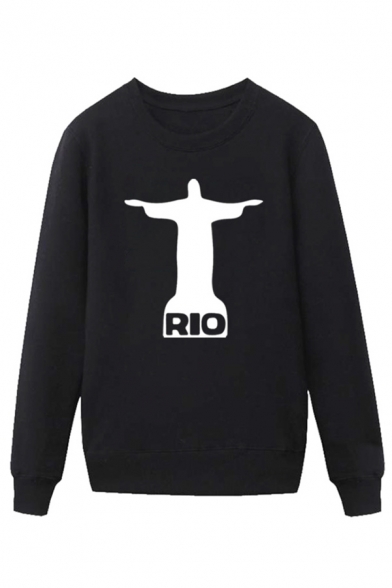 Cool Character Pattern Letter Rio Pullover Long Sleeve Round Neck Regular Fitted Sweatshirt for Men