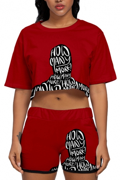 Cool Letter Cartoon Figure Graphic Short Sleeve Round Neck Relaxed Crop T Shirt & Contrasted Shorts Co-ords in Red