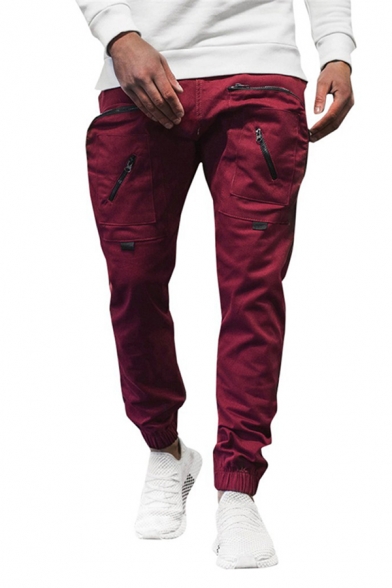 Cool Mens Pants Solid Color Zipper Pocket Cuffed Full Length Tapered Fit Cargo Pants