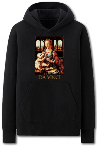 Dressy Mens Character Letter Da Vinci Printed Pocket Drawstring Long Sleeve Regular Fit Graphic Hooded Sweatshirt