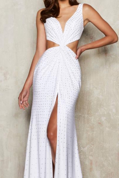 Elegant Womens White Rhinestone Deep V-neck Cut-out Sides Open Back High Cut Front Maxi Flowy Banquet Dress