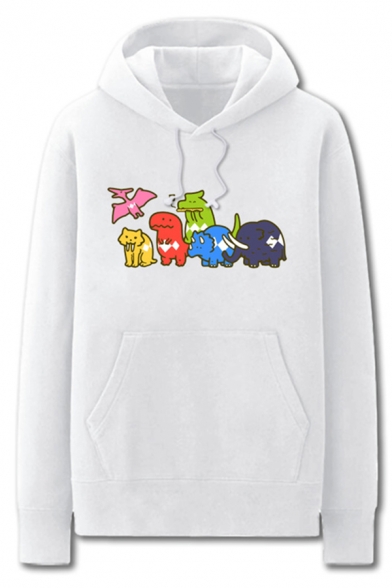 Fancy Mens Cartoon Animals Pattern Pocket Drawstring Long Sleeve Regular Fit Hooded Sweatshirt