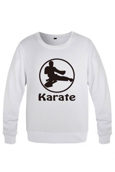 Fancy Mens Character Pattern Letter Karate Long Sleeve Round Neck Regular Fitted Graphic Pullover Sweatshirt