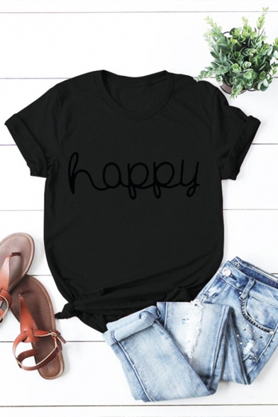 Fashion Girls Letter Happy Printed Rolled Short Sleeve Crew Neck Slim Fit T Shirt