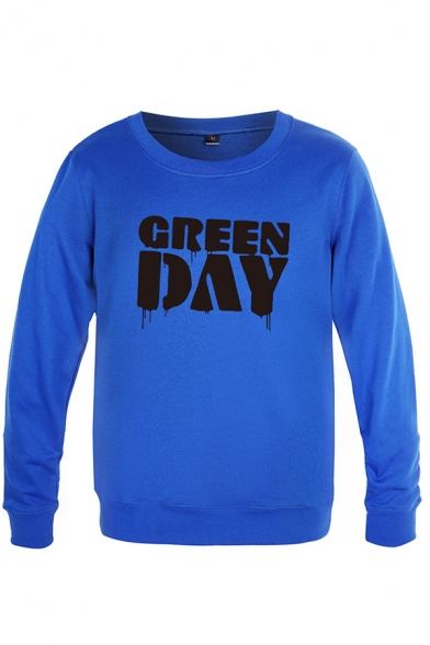 Green Day Letter Printed Long Sleeve Crew Neck Relaxed Fit Pullover Fashion Sweatshirt for Guys
