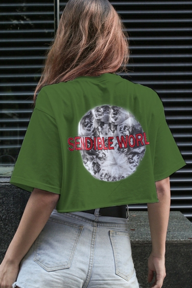 Hip Hop Girls Letter Touch World Graphic Short Sleeve Crew Neck Loose Crop T-shirt