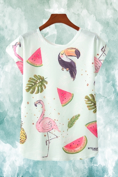 Leisure Girls Allover Flamingo Watermelon Printed Short Sleeve Round Neck Loose T Shirt