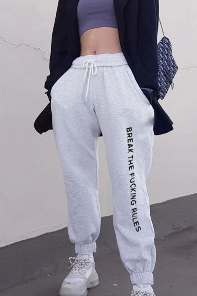 Letter Break The Fucking Rules Print Drawstring Waist Ankle Cuffed Carrot Fit Fashion Sweatpants for Girls
