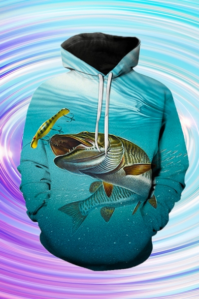 Mens Fancy Fish 3D Print Drawstring Full Sleeve Loose Fit Hooded Sweatshirt with Pocket