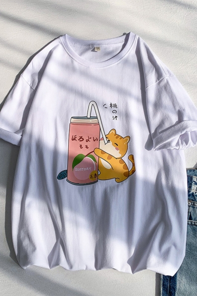 Mens Stylish T-Shirt Cat Drink Letter Suntory Printed Short Sleeve Round Neck Loose Fit Graphic T-Shirt
