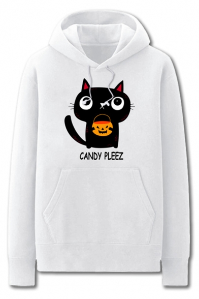 Popular Cartoon Cat Letter Candy Pleez Printed Pocket Drawstring Long Sleeve Regular Fit Graphic Hooded Sweatshirt for Men