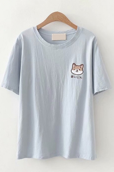Popular Womens Japanese Letter Dog Embroidered Short Sleeve Round Neck Relaxed T Shirt