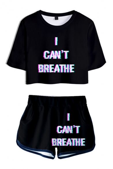 Popular Womens Letter I Can't Breathe Pattern Short Sleeve Round Neck Crop T-shirt & Fitted Shorts in Black