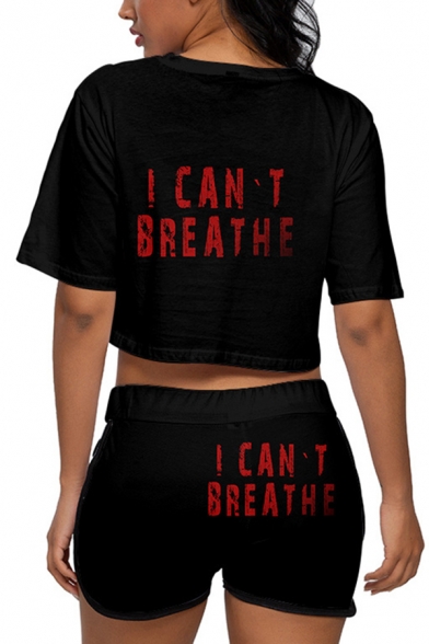 Popular Womens Letter I Can't Breathe Pattern Short Sleeve Round Neck Crop T-shirt & Fitted Shorts in Black