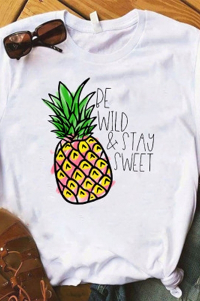 Popular Womens Pineapple Watermelon Graphic Rolled Short Sleeve Crew Neck Regular Fitted T Shirt in White